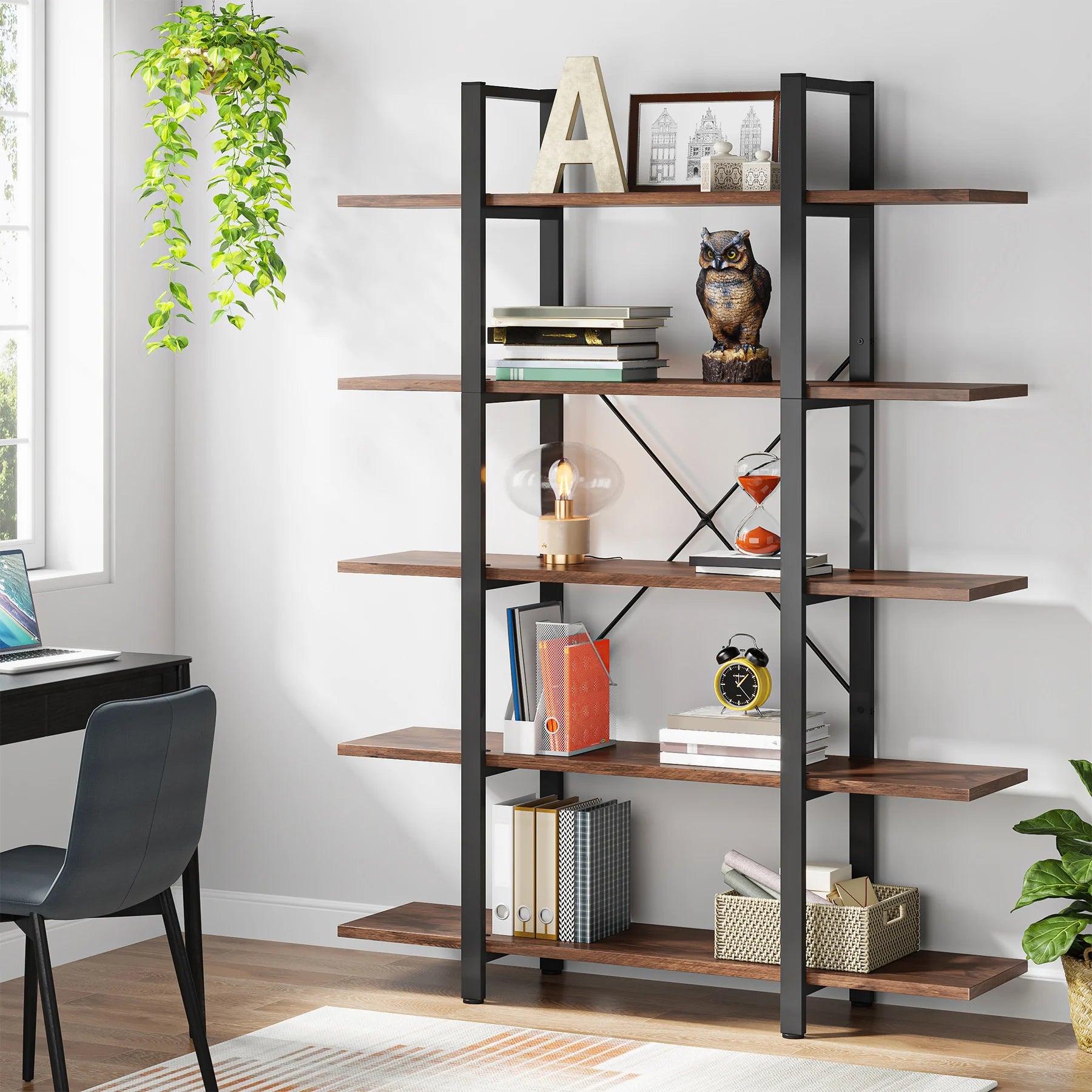 US Local 5-Tier Bookshelf, Industrial Bookcase, Vintage Tall Book Rack, 70" H X 11" D X 47" W, Fo Living Room, Home Office