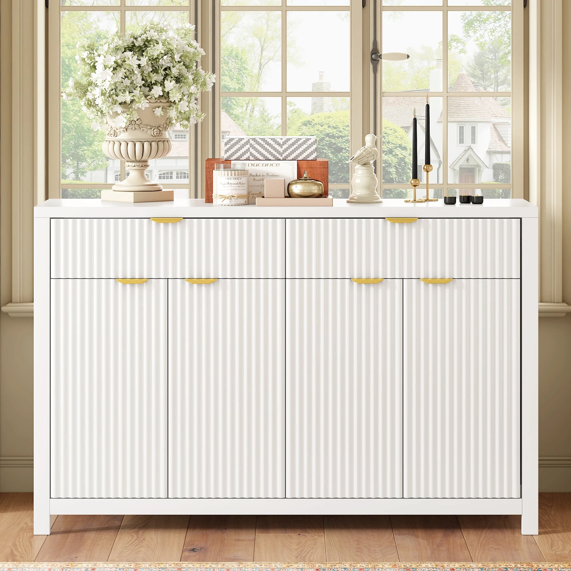 Wood Sideboard Buffet Cabinet with 2 Drawers & 4 Doors Adjustable Shelves Wave-Pattern Design for Living Room Hotel