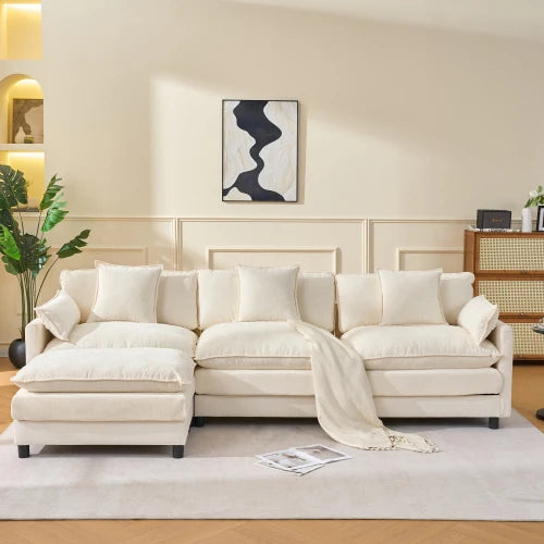 Black Chenille Fabric L-Shaped Modern Convertible Modular Sectional Sofa Three Seat Soft Pillow Ottoman for Apartment Living