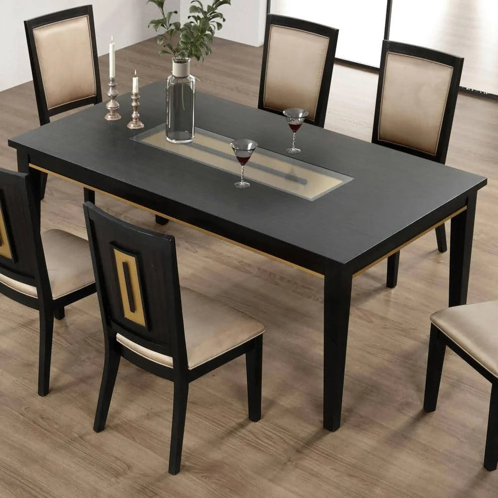 7pc Modern Dining Set with Espresso Dining Table and Glass Insert Top 6 Chairs-Wooden Hotel Apartment Dining Room Furniture
