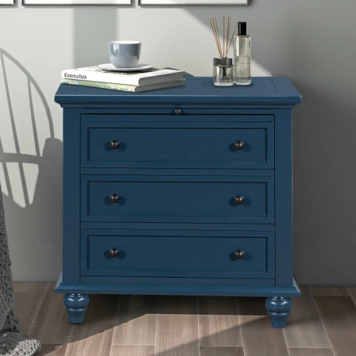 28''Nightstand Pine Wood Veneer Modern Bedside Cabinet 3 Drawers Pull-out Tray Minimalist Sofa Side Table Living Room Furniture