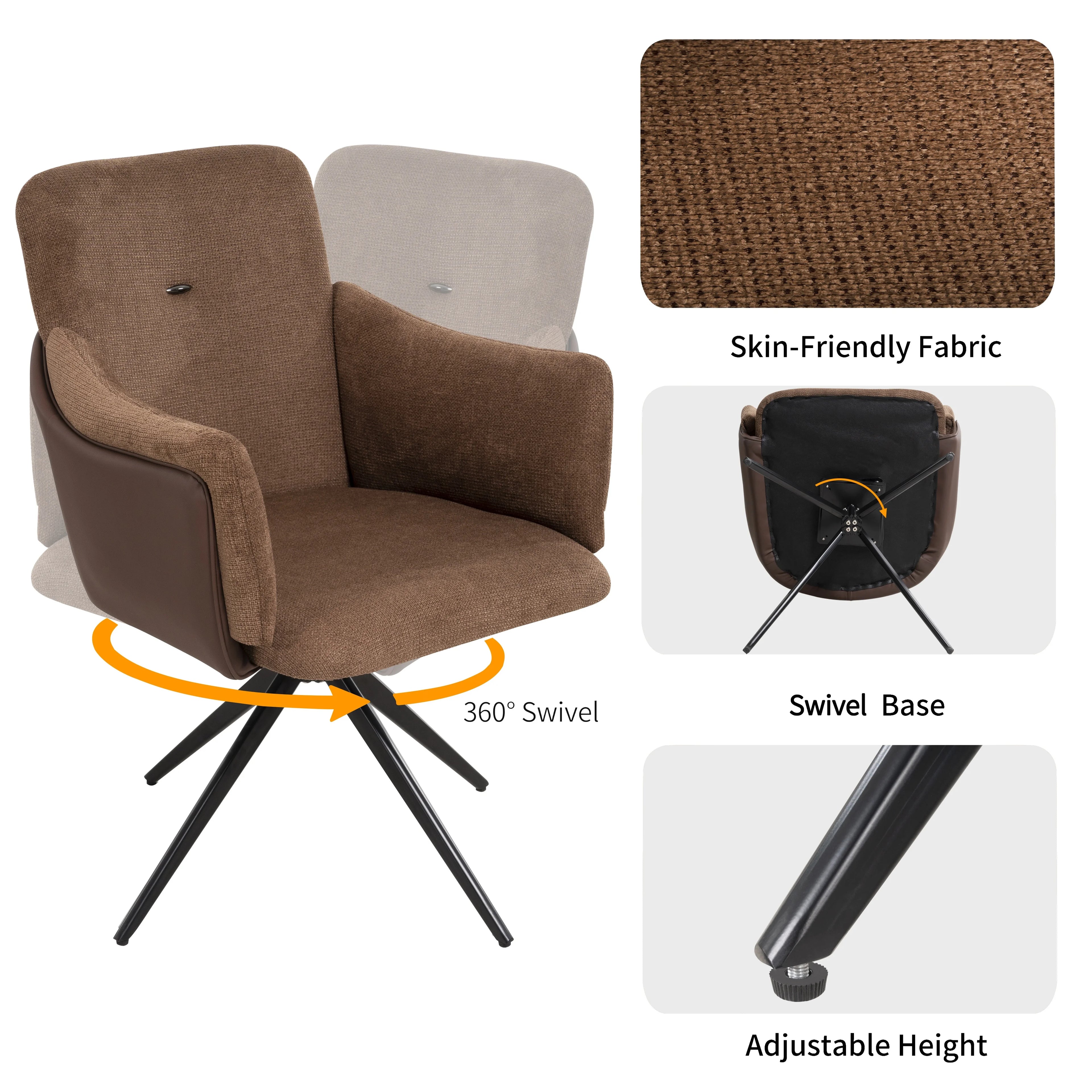 Modern 360 Swivel Home Office Desk Chairs Set of 2 Dining Chairs with Arm Upholstered Bedroom Chairs Metal Base Eco-Friendly