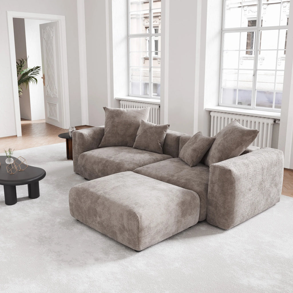 VOXHOME US Drop Shipping Living Room Furniture Nordic Vacuum Compress Brown 3 Seater Corduroy  Modular Sectional Sofa Couch Set