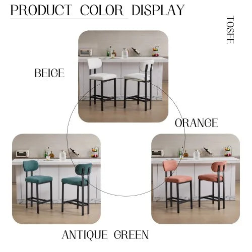 Bar Stools Set of 2, 26 Inch Modern Upholstered Fabric Counter Height Barstools, Kitchen Island Chairs with Black Metal Legs