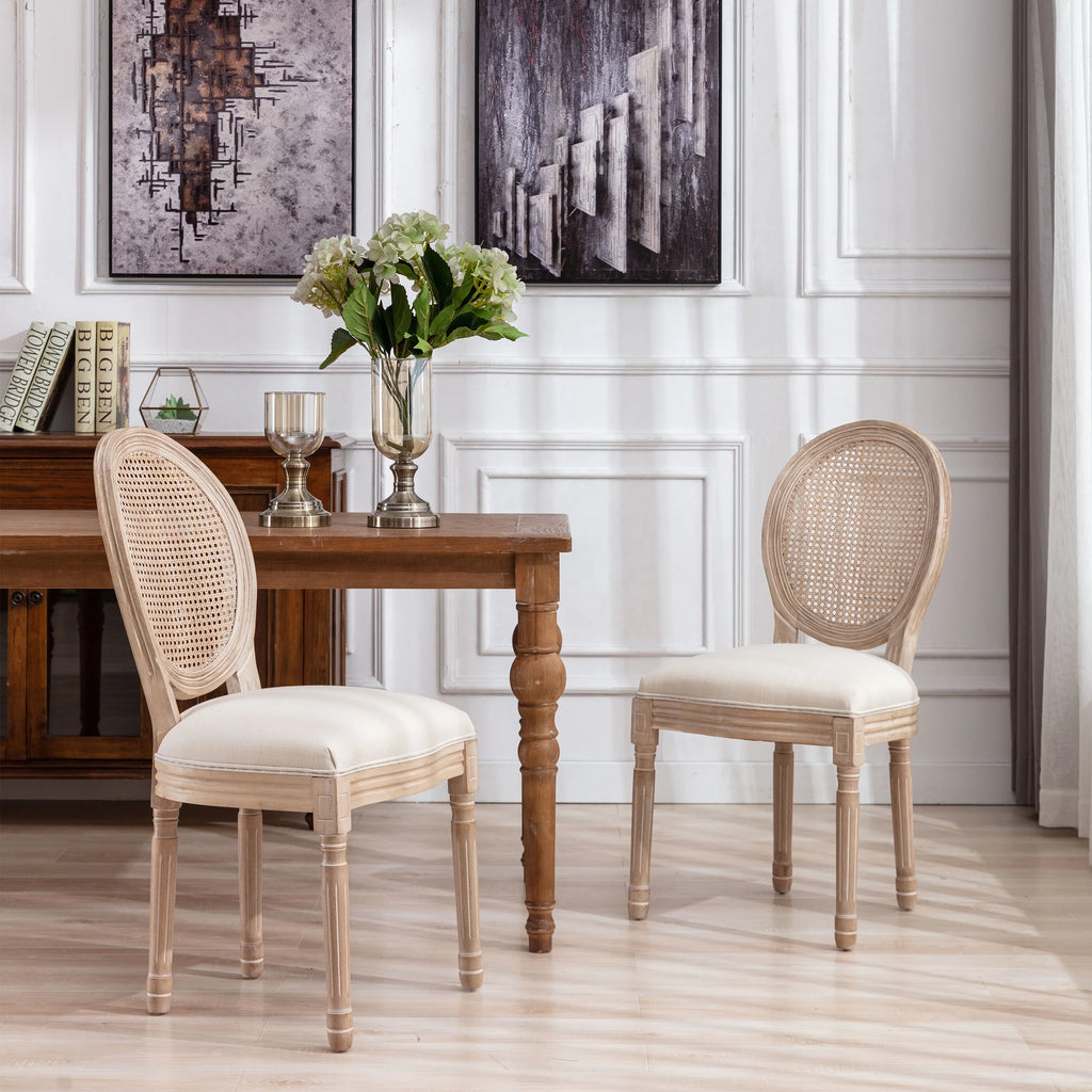 Modern Dining Room Chairs Set of 2, Beige Fabric Rattan Back Antique Wooden French Louis Chair for Hotel Wedding Event