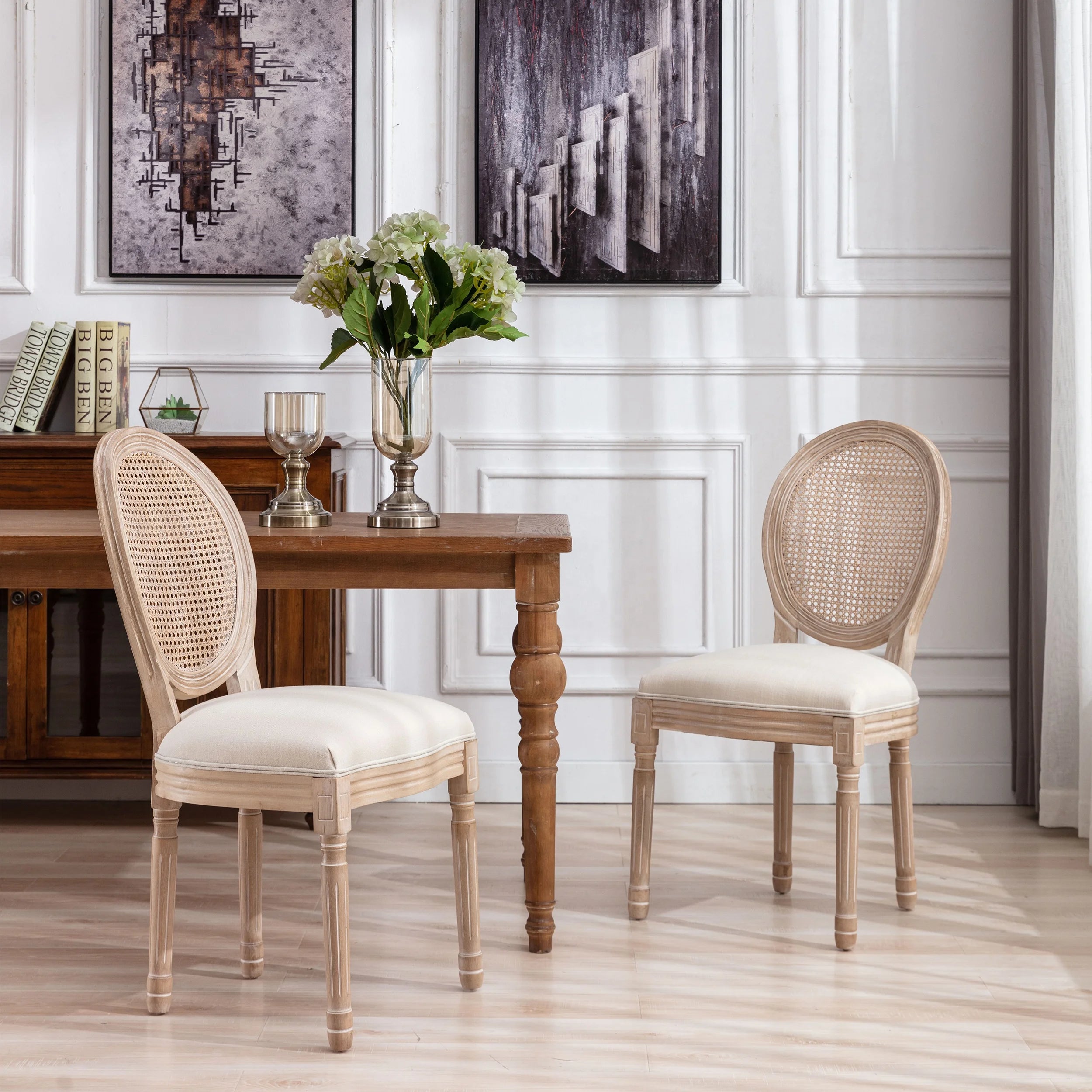Modern Dining Room Chairs Set of 2, Beige Fabric Rattan Back Antique Wooden French Louis Chair for Hotel Wedding Event