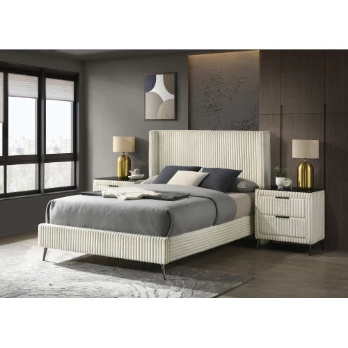 Mavela Modern Adjustable Wide Wale Corduroy Upholstery Panel Queen Bed 2 Nightstands Cream for Apartment Hotel Use Furniture Set