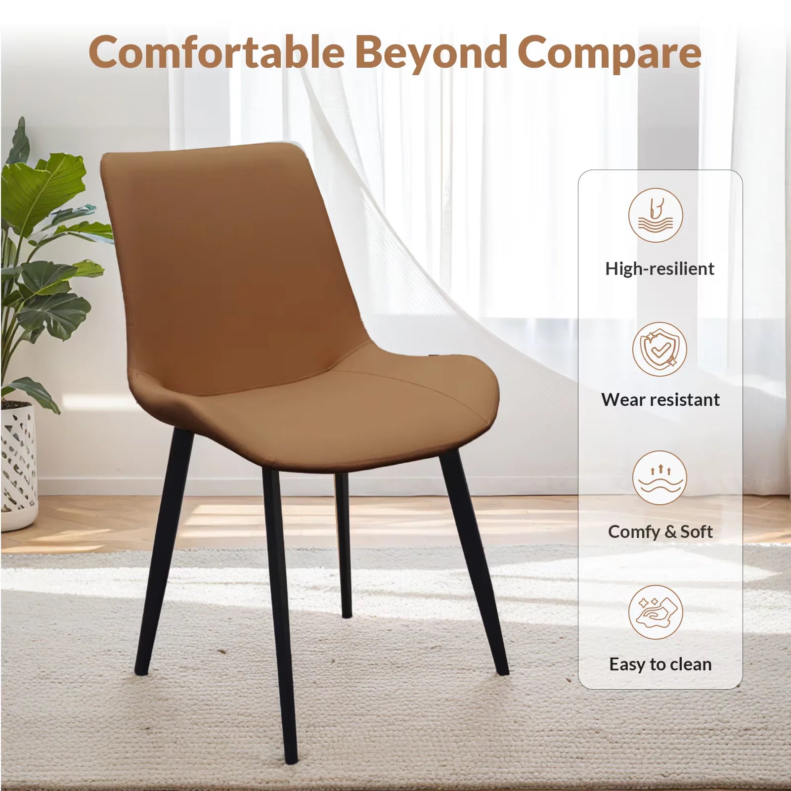 Solid Brown Carbon Steel Dining Chair with Modern Upholstery Metal Legs Set of 4 for Home Dining