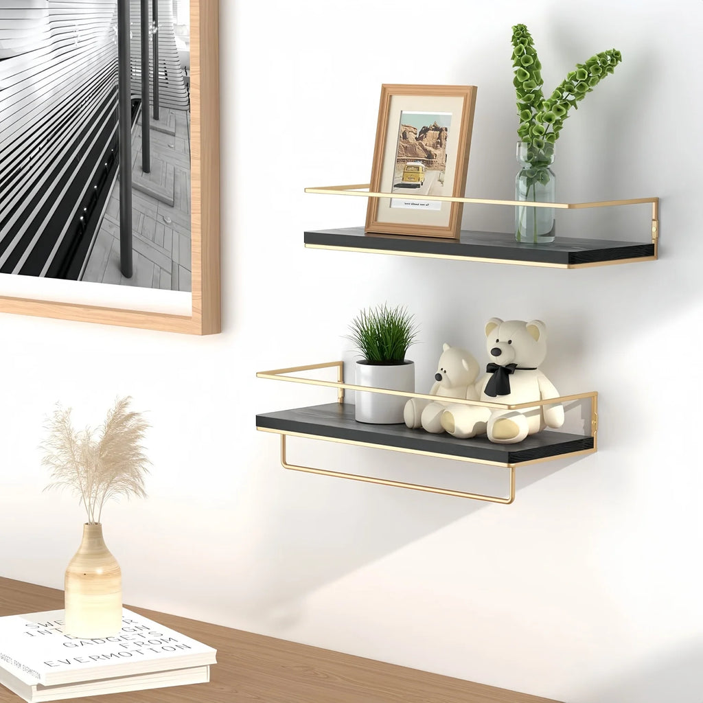 Floating Shelves 15.7 Inches-Set 2 Wall Mounted Hanging Shelves Black Towel Rack Vintage Style Heavy Duty Durable Bathroom