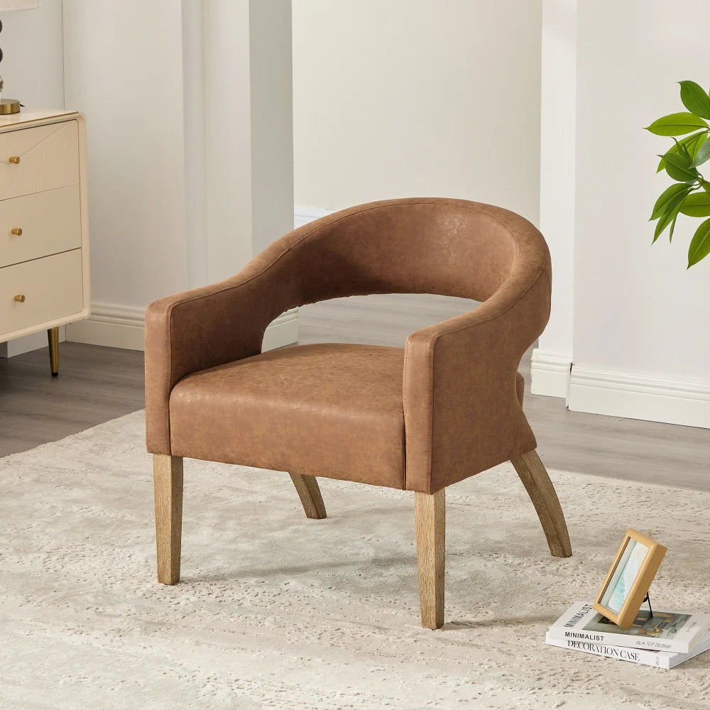 M Modern PU Leather Dinning Chair Barrel Open Back Upholstered Solid Wood Legs Salon Accent Chair