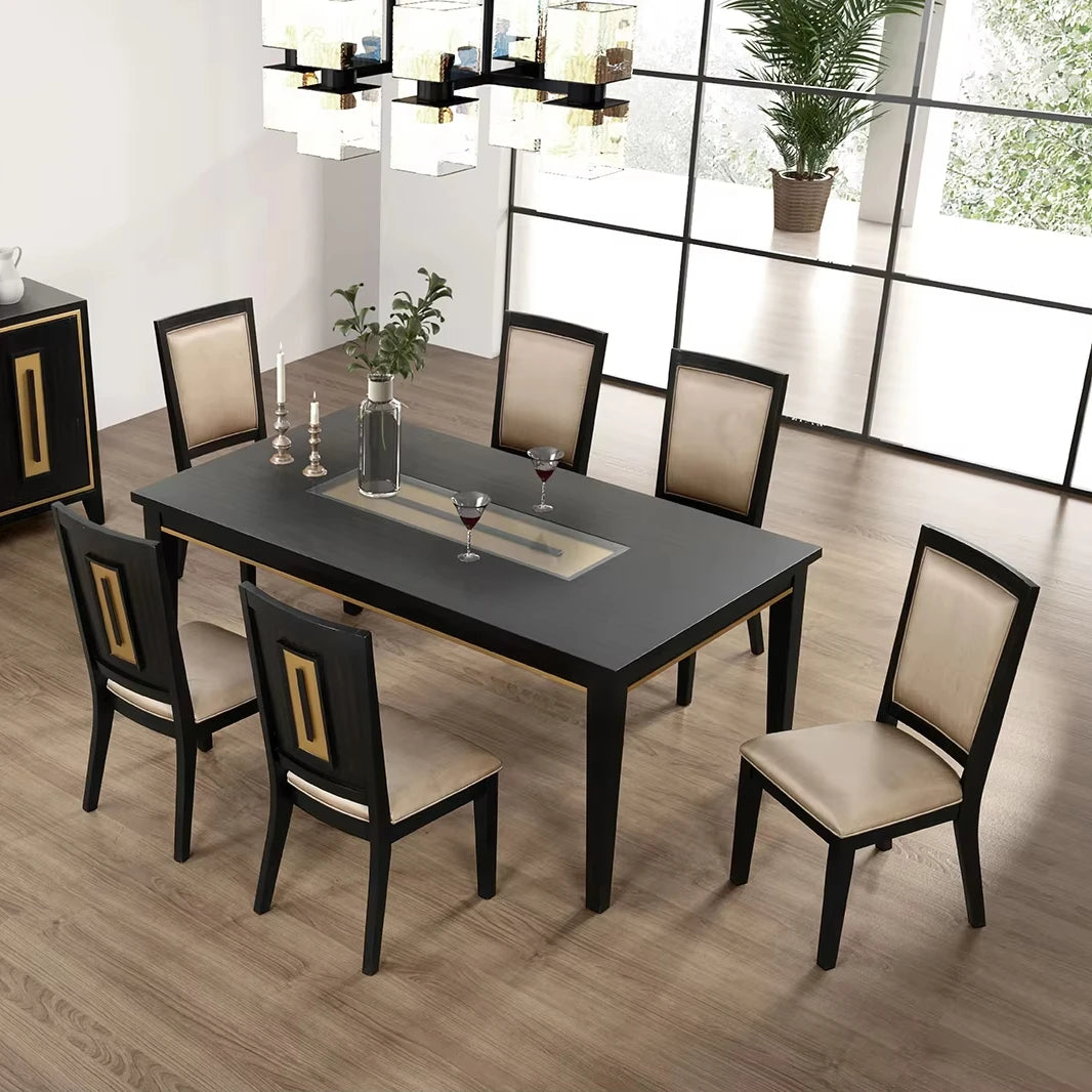 7pc Modern Dining Set with Espresso Dining Table and Glass Insert Top 6 Chairs-Wooden Hotel Apartment Dining Room Furniture