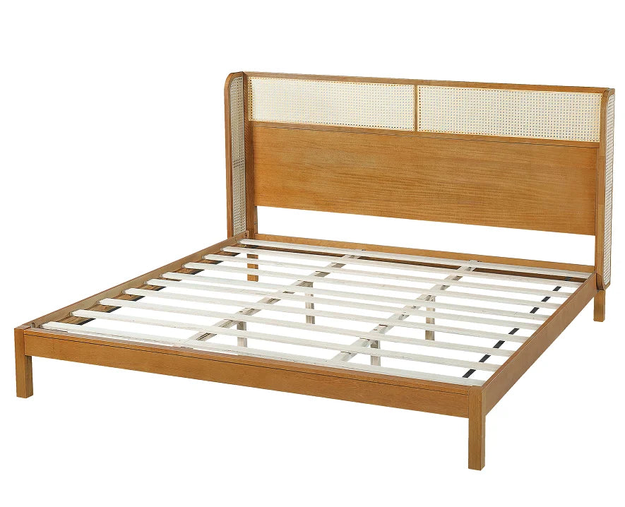 Teak Wood Platform Bed Frame Queen & King Size with Headboard Modern Soft Bed Eco-Friendly Convertible Natural Color