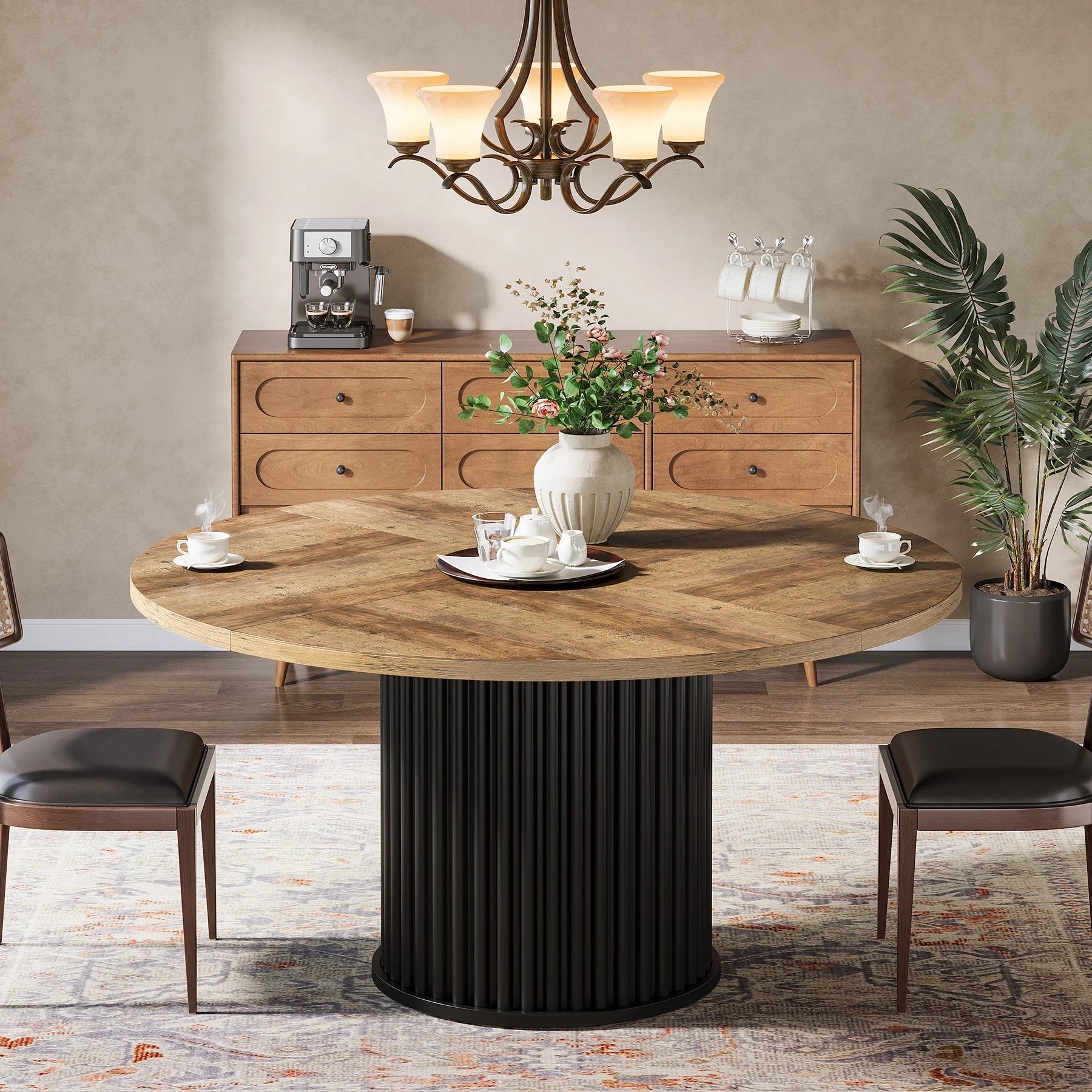 Tribesigns 47 Inch Round Dining Table With Fluted Base for 4 6 Modern Farmhouse in Brown Black for Kitchen Living Room