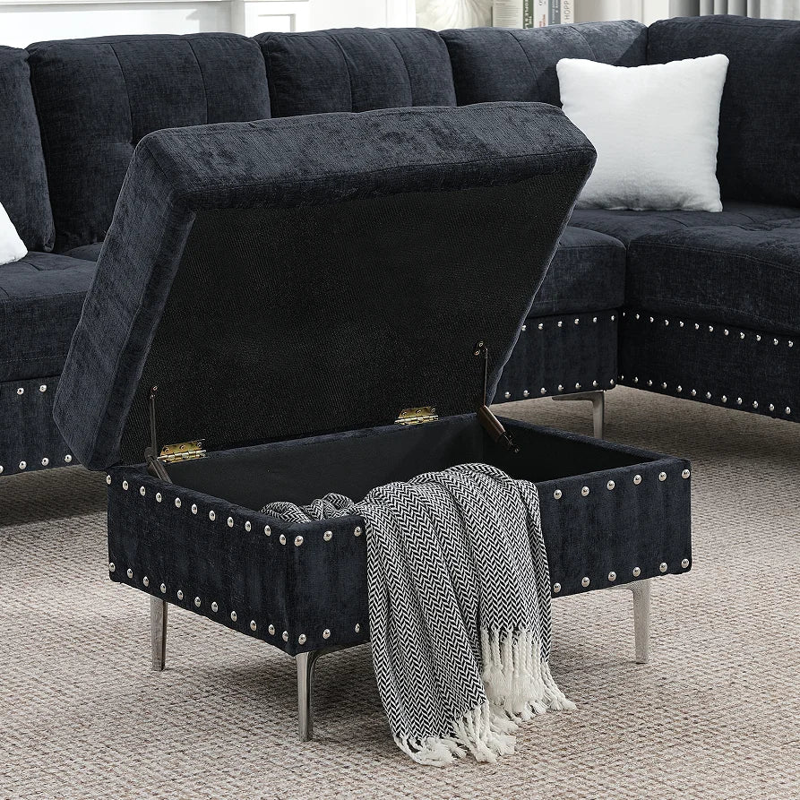 Chenille Sectional 3-Seaters Sofa Set with Chaise Storage Ottoman Metal Legs and Copper Nails Two White Pillows for Apartment
