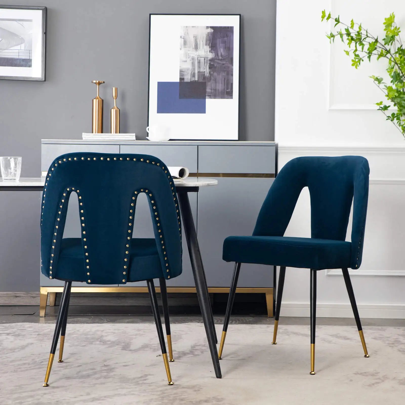 Furniture Collection Modern Contemporary Velvet Upholstered Dining Chair with Nailhead and Gold Tipped Black Metal Legs Set of 2