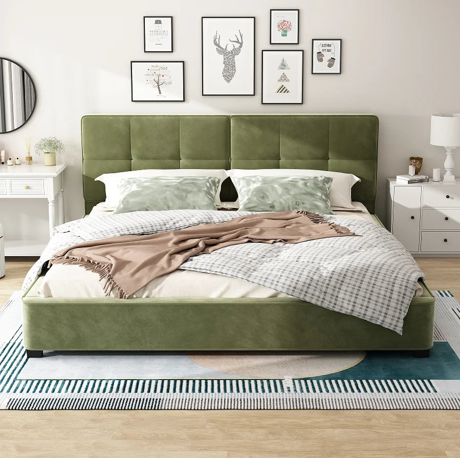 King Size Adjustable Velvet Bed Frames Modern Upholstered Platform Bed with Curved Tufted Headboard and Soft Square Corners