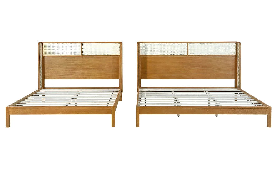 Teak Wood Platform Bed Frame Queen & King Size with Headboard Modern Soft Bed Eco-Friendly Convertible Natural Color