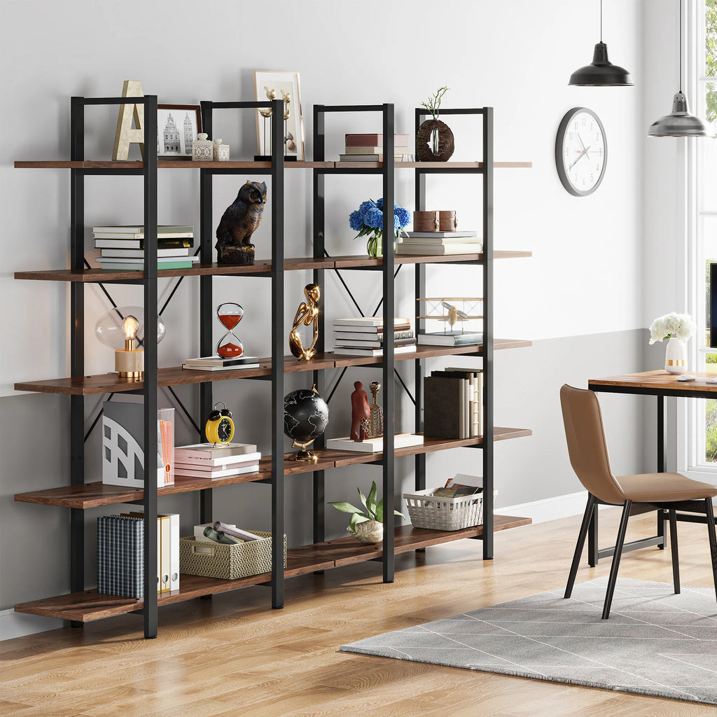 US Local 5-Tier Bookshelf, Industrial Bookcase, Vintage Tall Book Rack, 70" H X 11" D X 47" W, Fo Living Room, Home Office
