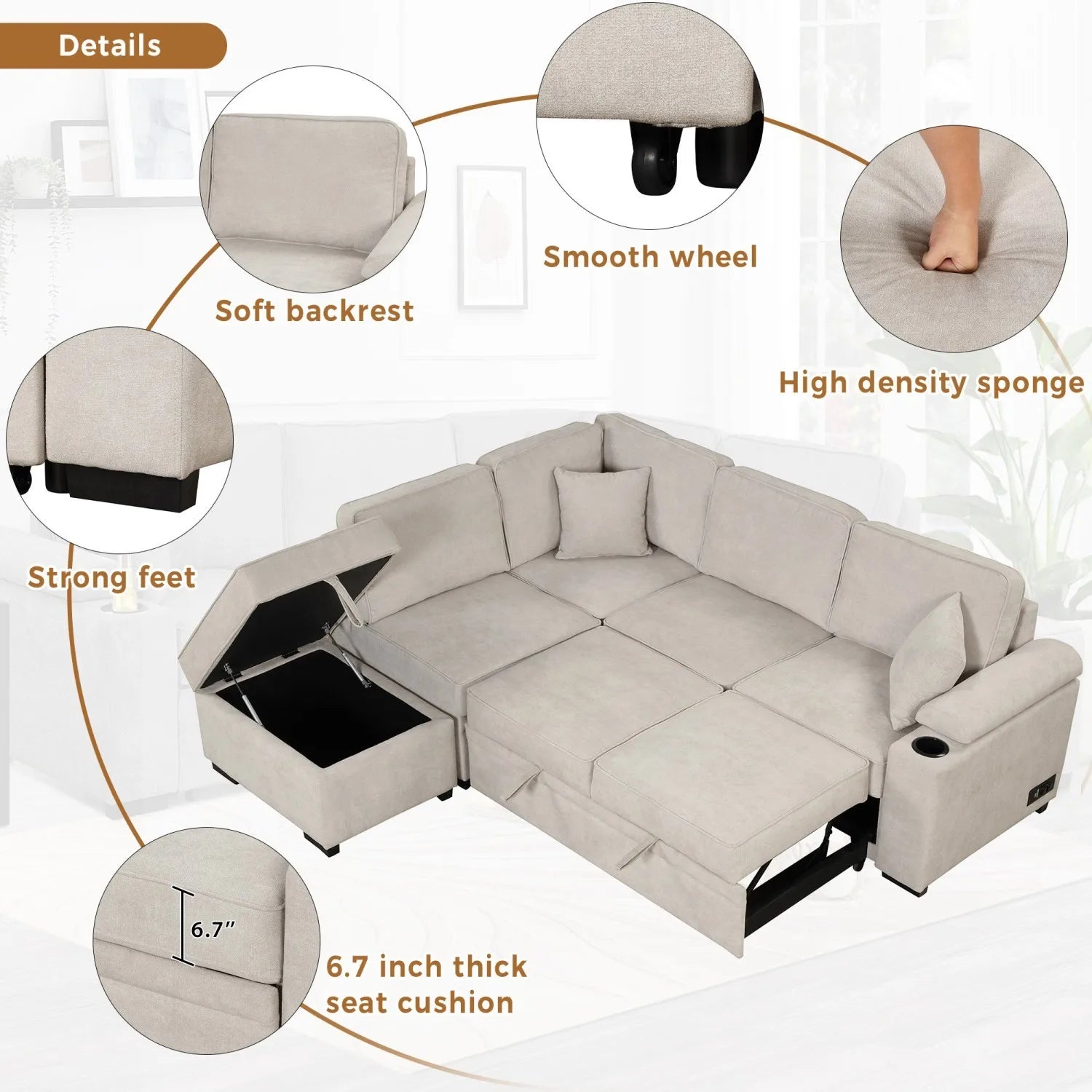 Three Seat Fabric Sofa Bed Pull-Out Function 2-in-1 L-Shape Couch Storage Ottoman for Living Room Bedroom Hotel Small Apartments