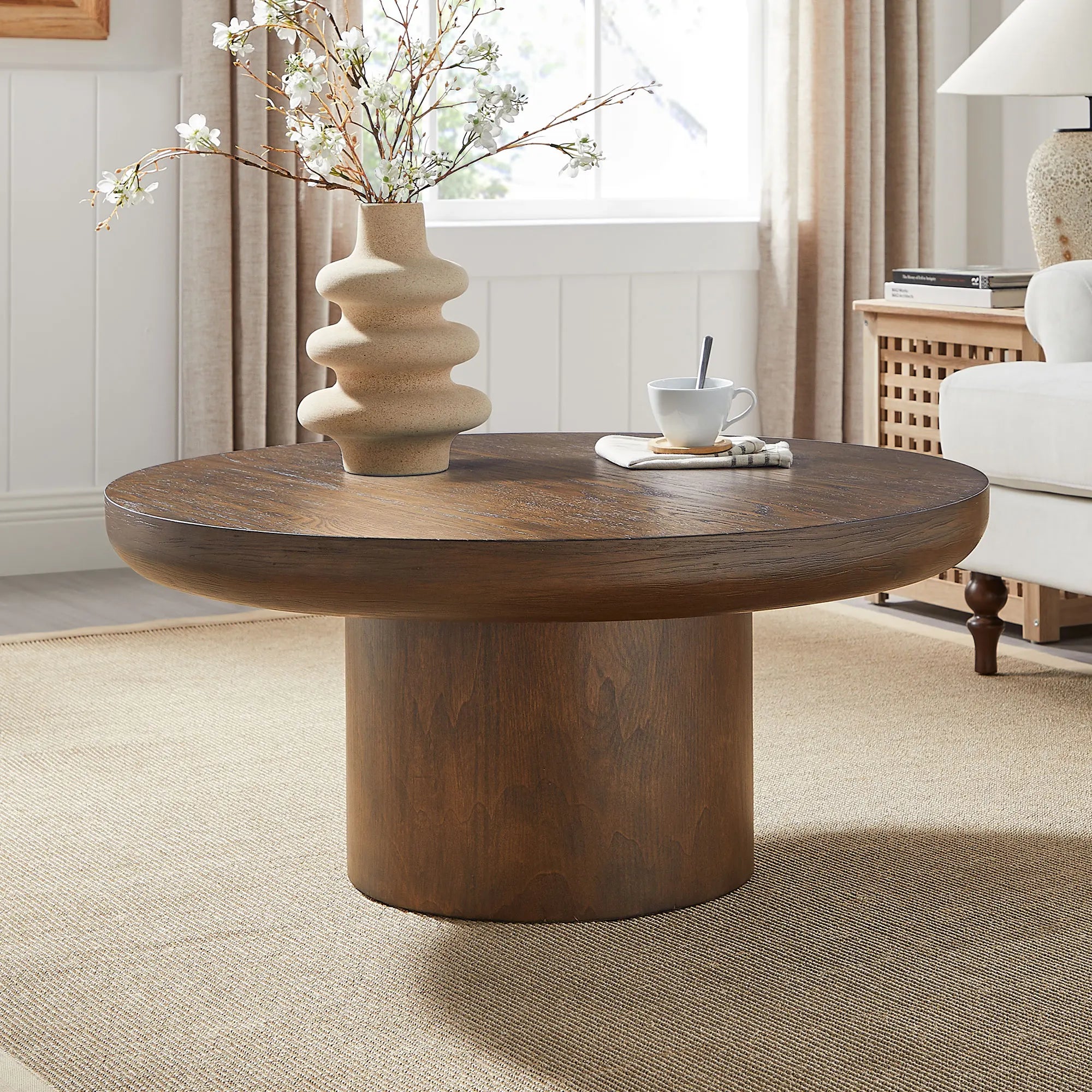 Modern Durable Round Coffee Table with Cylindrical Legs and Wood Veneer Top Rounded Sofa Side Table for Living Room & Office