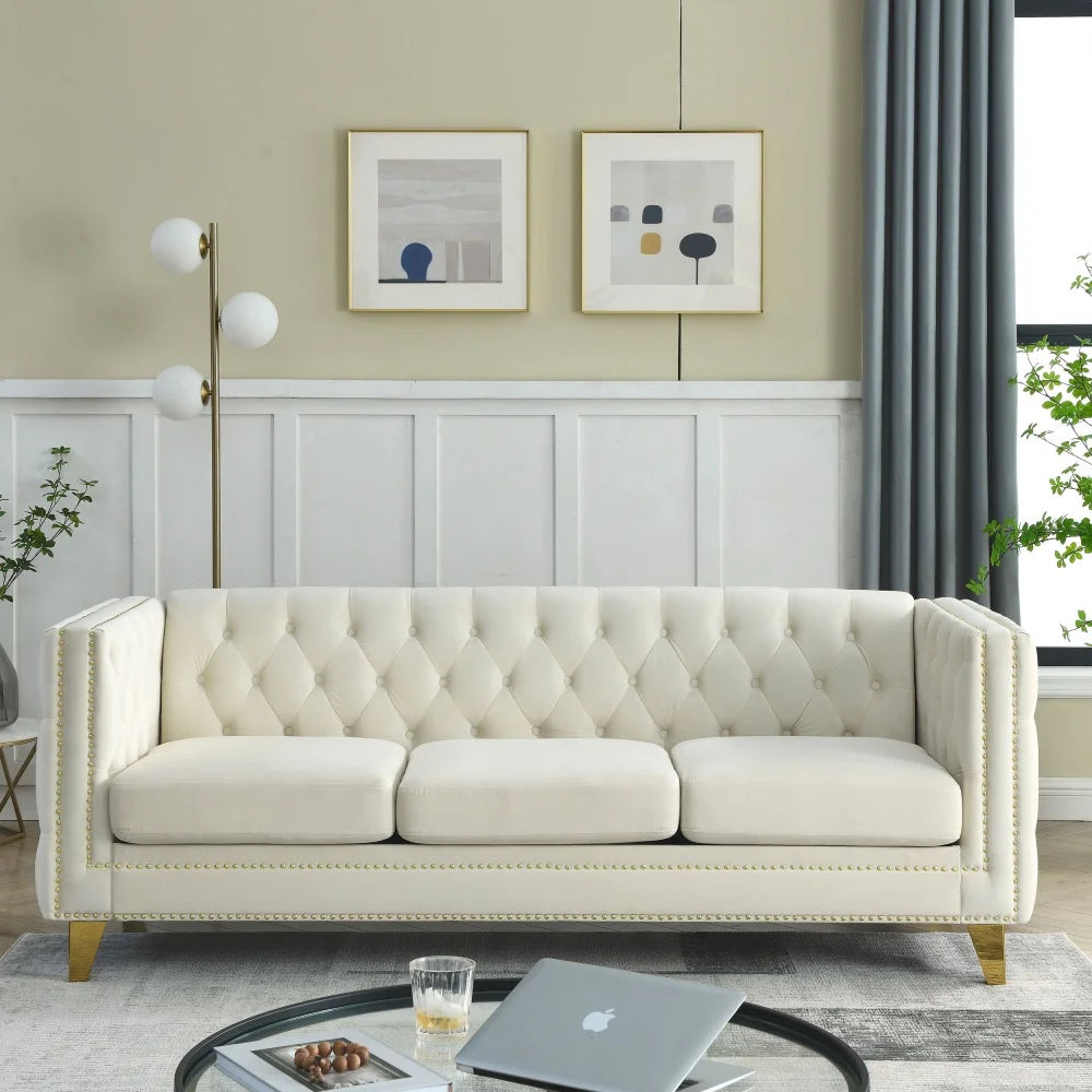 M 3 Seater Sofa Modern Couch Upholstered Button and Metal Legs for Living Room Furniture Lazy Recliner Sofa Set