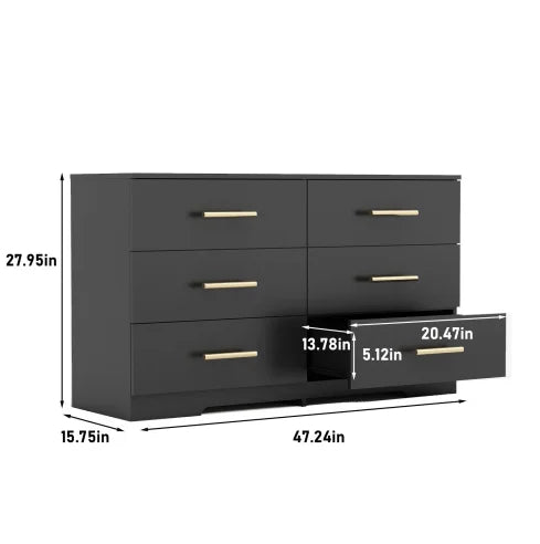 Modern Lighted Black Large 6-Drawers Chest of Drawers Dressers Table Golden Handles (Mirror Not Included) for Bedroom Hotel Use