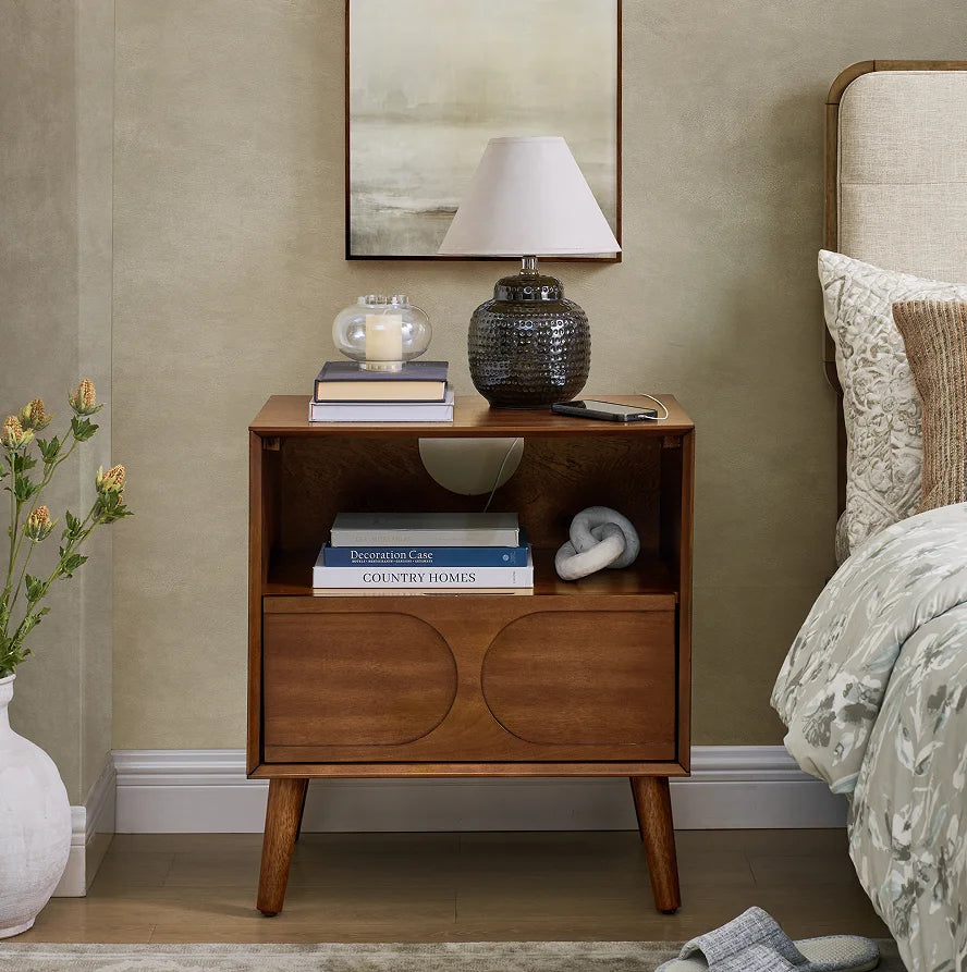 Mid Century Modern Fluted Bedroom Nightstand with Charging Station USB Ports & Outlet Hole & 4 Solid Wood Legs Eco-Friendly