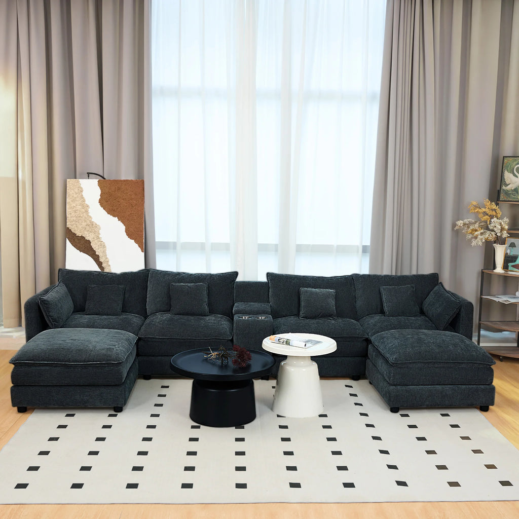U Shaped Convertible Modular Sectional Sofa Set 144" Comfy Fluffy Chenille 6 Seat Living Room Ottoman