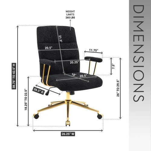 Textured Boucle Fabric Black Gold Modern Swivel Office Chair with Height Adjustable Padded Arms Eco-Friendly for Home Office