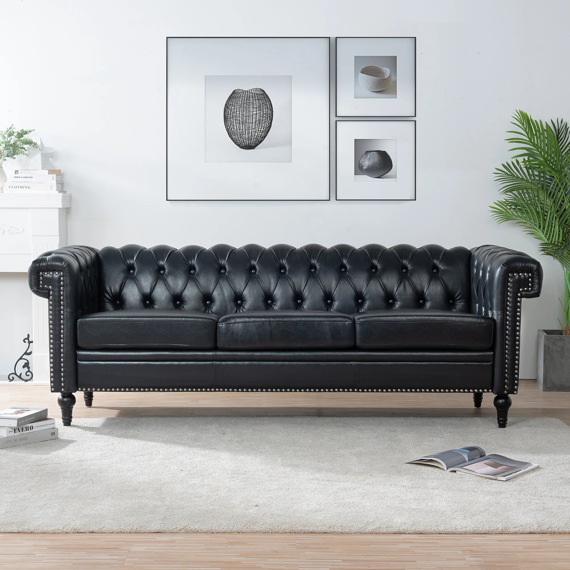 Vintage Black Tufted Genuine Leather Sofa Couch Luxury Living Room Chesterfield 3 Seat Set Convertible Hotel Lobby Furniture