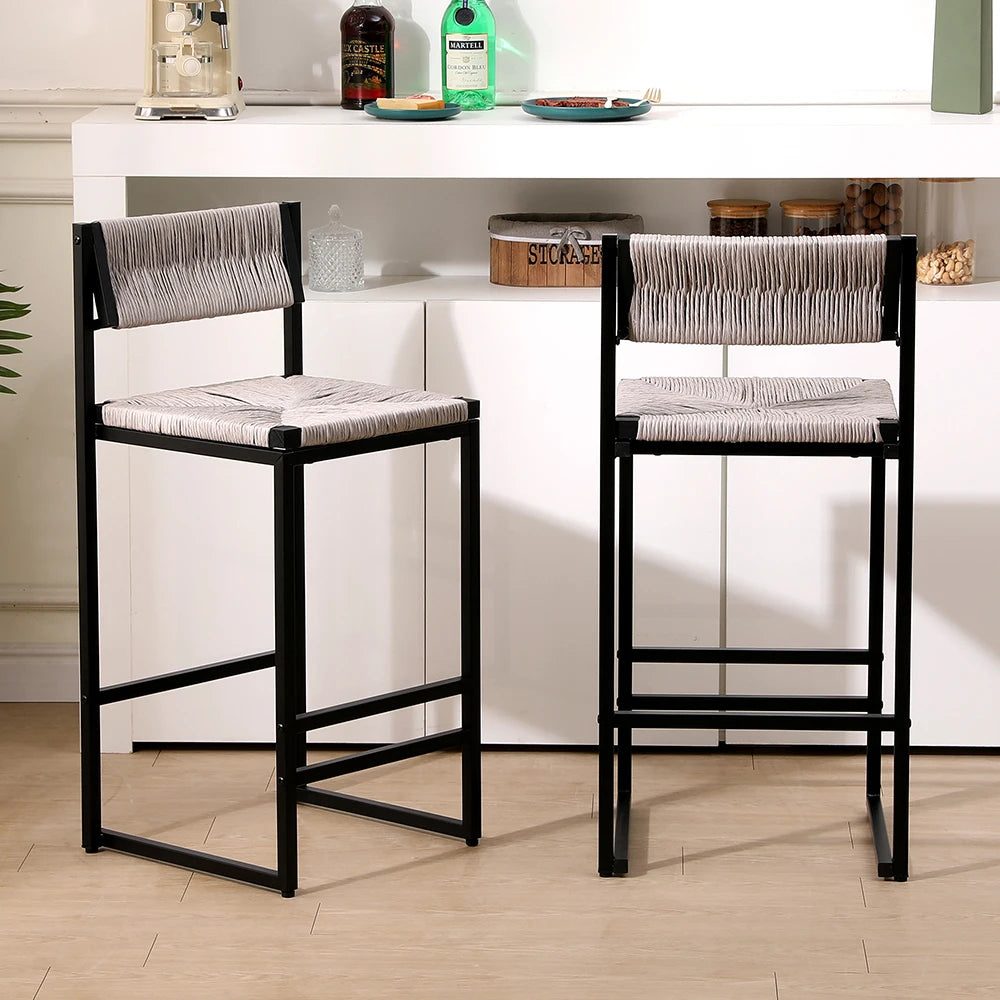 Honey Bar Stools Set of 2 Paper Rope Weave Dining Chairs with Back Hand Weave Stools for Kichen Island