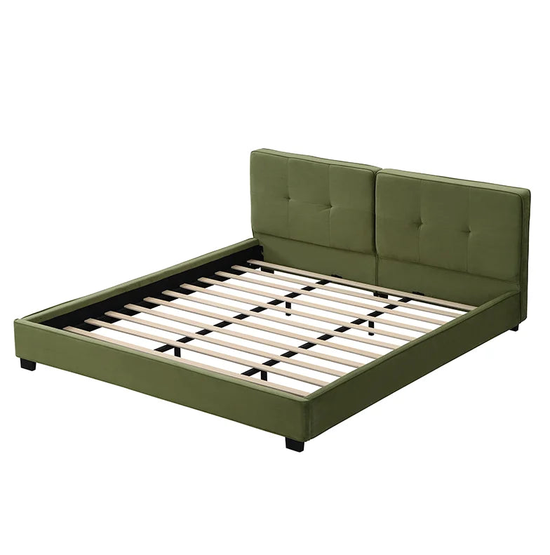 King Size Adjustable Velvet Bed Frames Modern Upholstered Platform Bed with Curved Tufted Headboard and Soft Square Corners