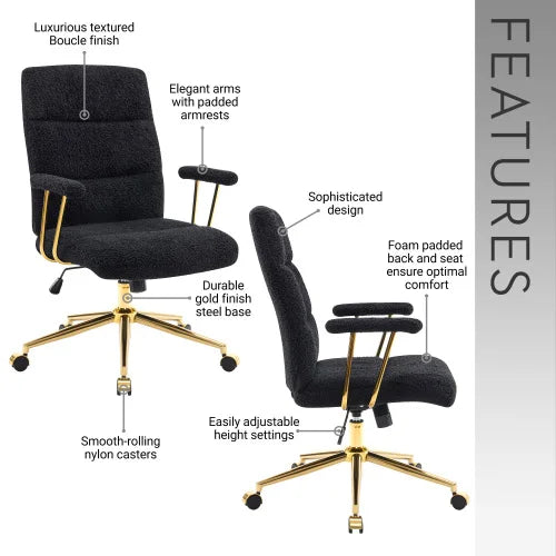 Textured Boucle Fabric Black Gold Modern Swivel Office Chair with Height Adjustable Padded Arms Eco-Friendly for Home Office