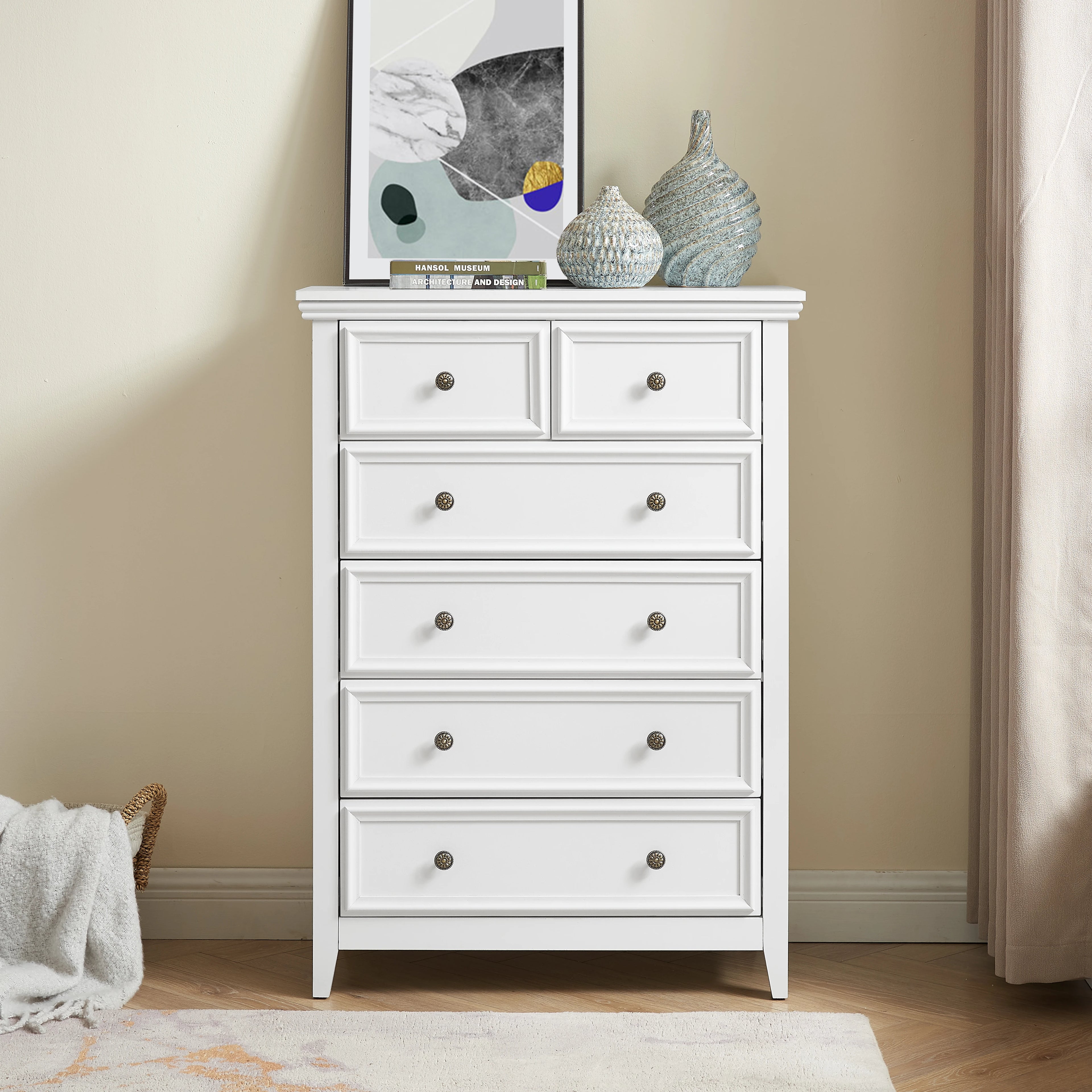 Modern Solid Wood 6-Drawer Dresser Cabinet with Adjustable Height & Easy Assembly for Bedroom Storage