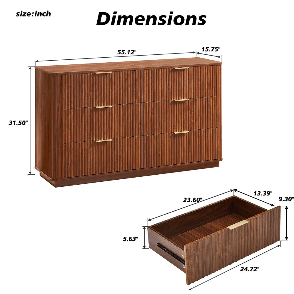 6-Drawer Modern Solid Wood Dresser with Curved Wave Design 55" Wide TV Stand for Bedroom Living Room & Hallway-Oak